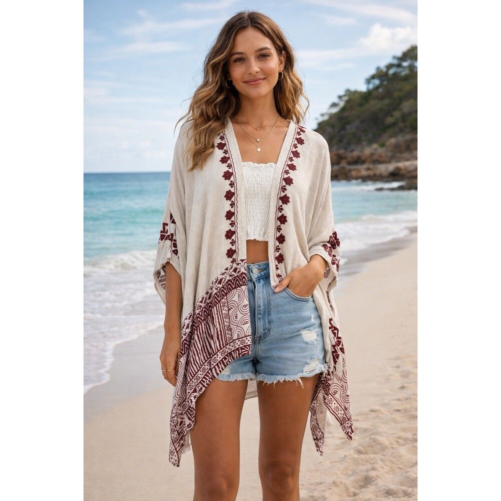 Chico's Kimono Ruana Linen Blend  L XL Coverup Cream Burgundy Embroidered Boho